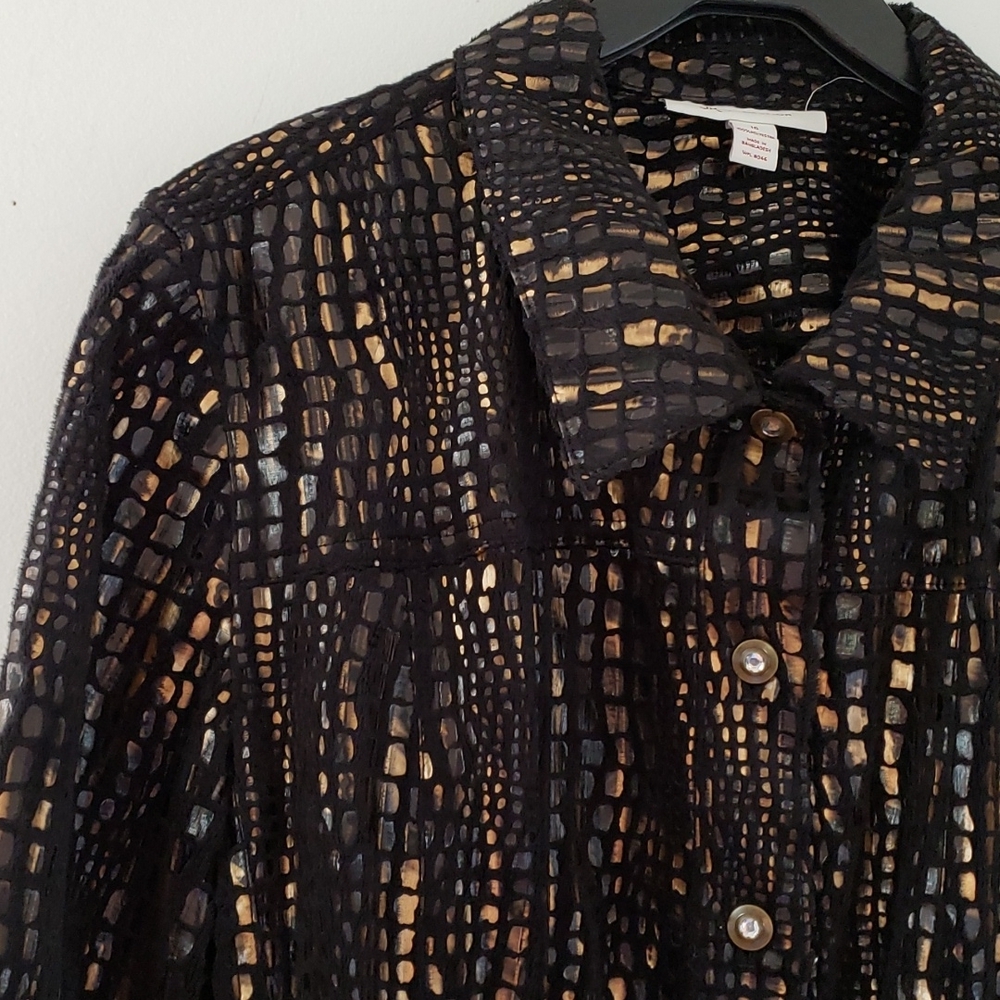 JM COLLECTION Jacket metallic bronze snake print black sparkly button front